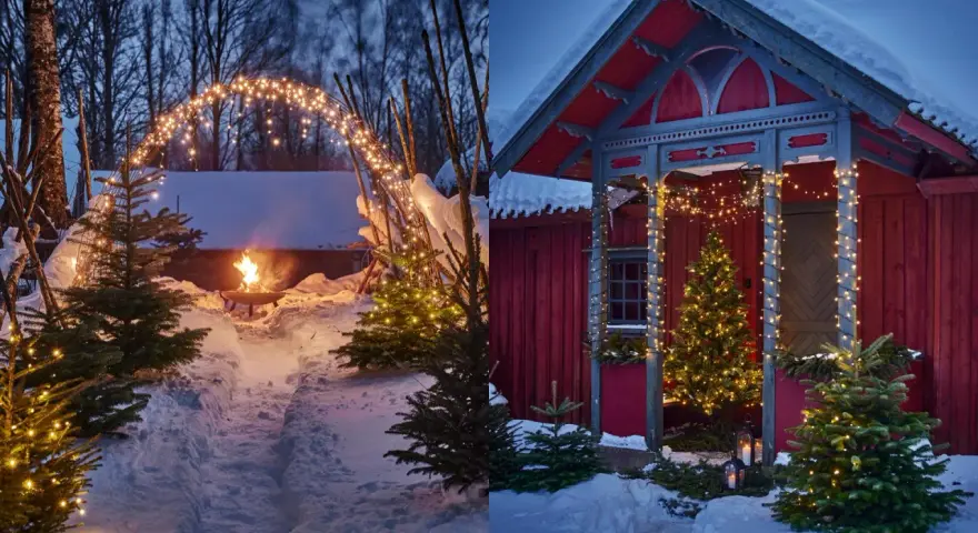 Varm julbelysning utomhus inspiration: snöiga stigar leder till en mysig eldstad och ett rött hus med julgranar.