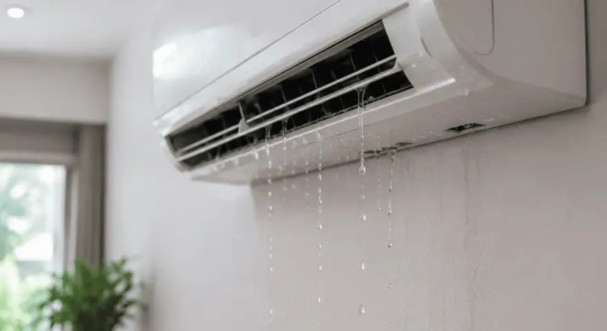 El aire acondicionado gotea agua de la unidad interior, formando un charco en la pared.