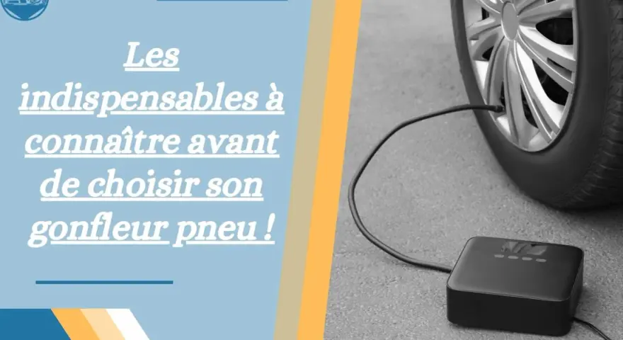 Gonfleur de pneu noir connecté à une roue de voiture sur fond gris.