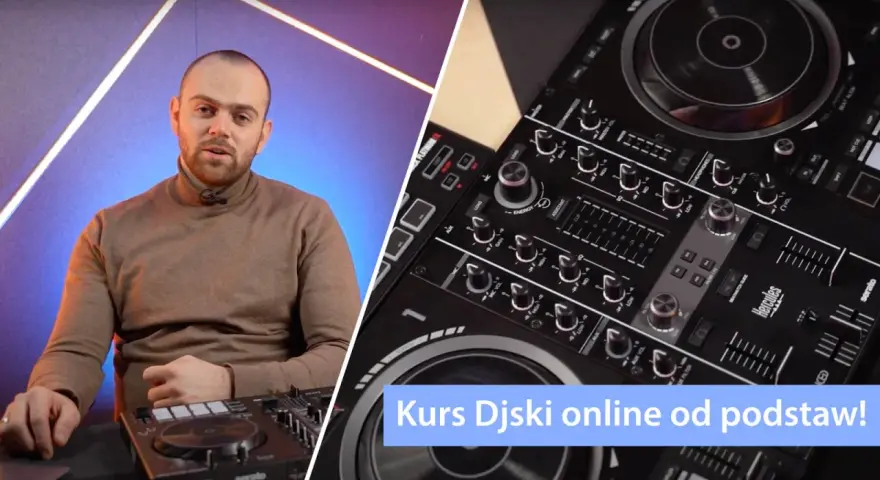 Mężczyzna w golfie obok konsoli DJ-skiej. Kursy Djskie online od podstaw, świetna muzyka swing.