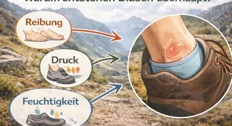 Ursachen für Blasen: Reibung, Druck und Feuchtigkeit. Geschlossene Blasen behandeln erfordert Vorsicht.