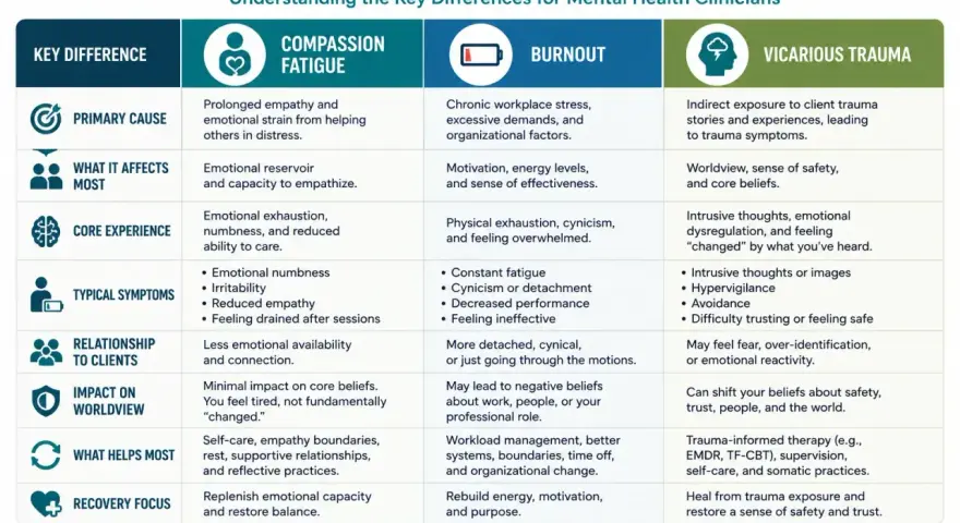 Chart comparing compassion fatigue, burnout, and vicarious trauma for mental health clinicians, highlighting causes, symptoms, and recovery strategies, emphasizing compassion and understanding.
