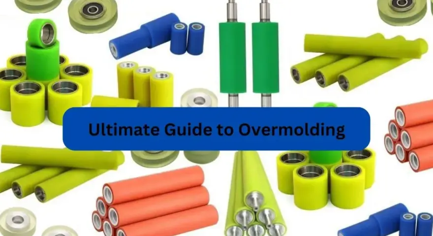A collage of colorful rollers and wheels, showcasing the process of overmolding.