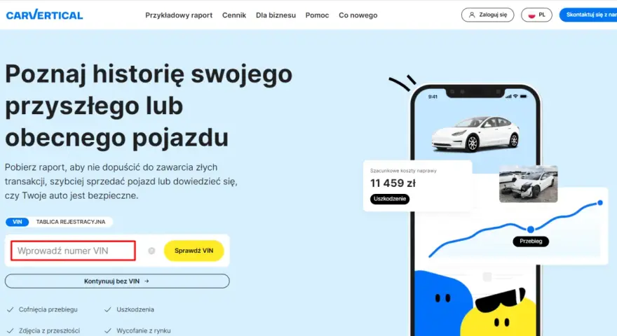 Sprawdź historię pojazdu na CarVertical, wprowadzając numer VIN. Dowiedz się o uszkodzeniach, przebiegu i cofnięciach.