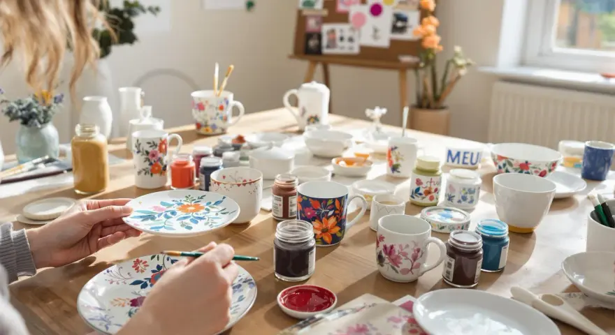 En person målar blommor på en mugg. Bordet är fullt av muggar, tallrikar och färger, redo för kreativt måla på muggar.