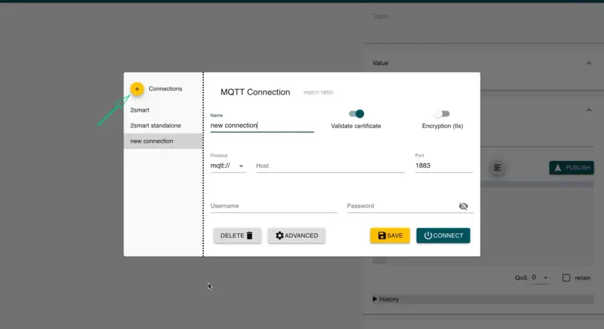 MQTT Explorer interface showing a new connection dialog. The user is creating a "new connection" with protocol "mqtt://", host, username, and password fields.