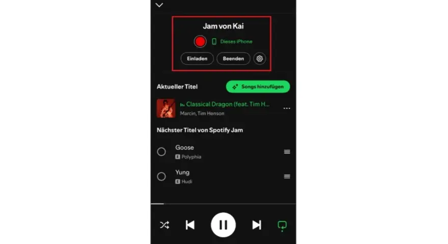Spotify Jam Session von Kai: "Classical Dragon" läuft, "Goose" und "Yung" sind als nächste Titel gelistet.