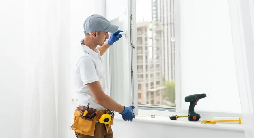 Un technicien installe une fenêtre à double vitrage. Outils et perceuse sur le rebord de la fenêtre.
