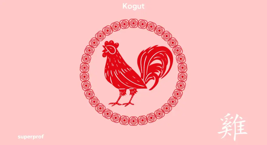 Czerwony kogut, symbol chińskiego zodiaku, w ozdobnym okręgu. Rok 1981 był rokiem koguta.