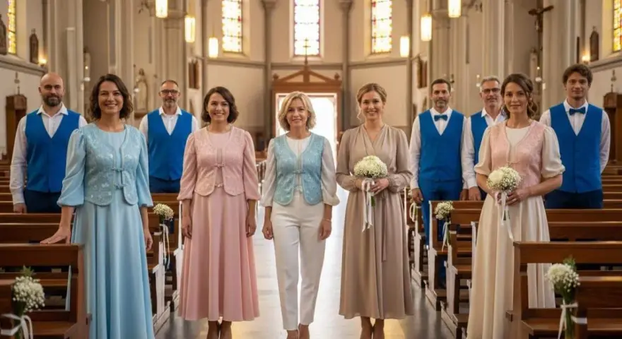 Des femmes en robes pastel et hommes en gilets bleus, une inspiration pour comment s'habiller pour une communion.