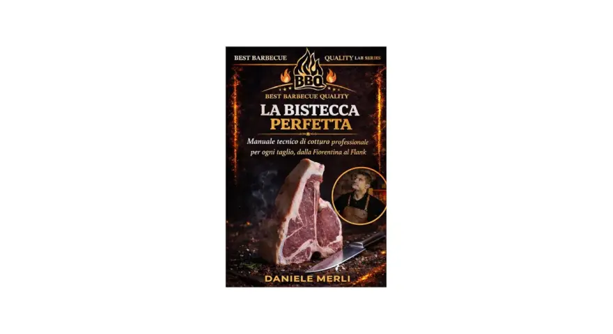 Copertina libro "La Bisteccha Perfetta" con una succulenta bistecca di manzo in primo piano e un cuoco sullo sfondo.