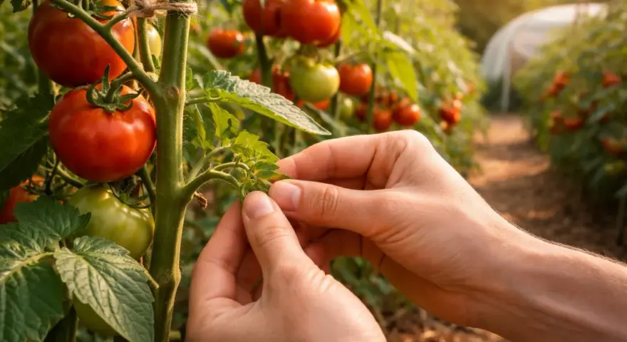 Hände zupfen junge Triebe ab, um das Wachstum der reifen Tomaten zu fördern.