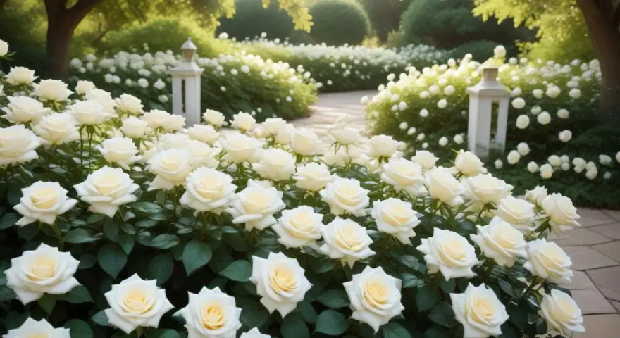 En lummig trädgård fylld med vita rosor. Vad betyder vita rosor? De symboliserar renhet, oskuld och nya början.