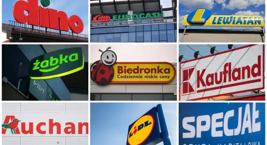 Logo sklepów: Dino, Eurocash, Lewiatan, Żabka, Biedronka, Kaufland, Auchan, Lidl, Specjał. Zastanawiasz się, ile zarabia się w Żabce?