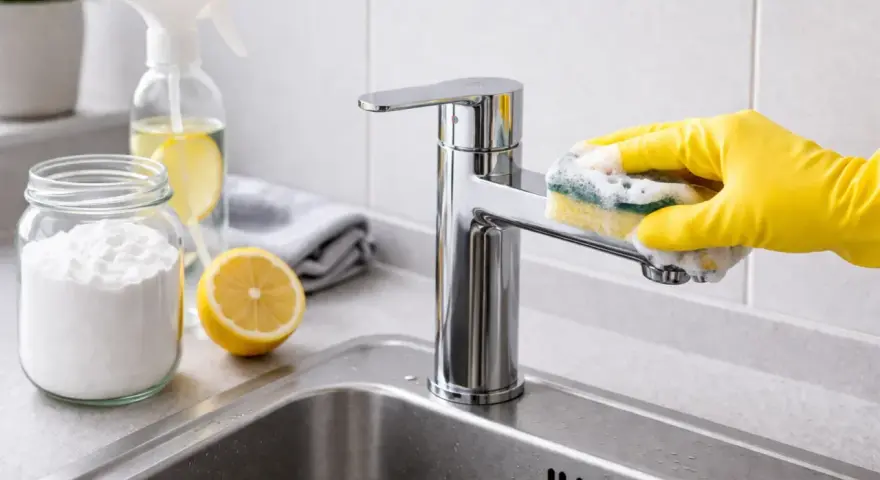 Rękawiczka w żółtej rękawiczce czyści kran gąbką, pokazując, jak wyczyścić sitko w kranie naturalnymi środkami: sodą i cytryną.