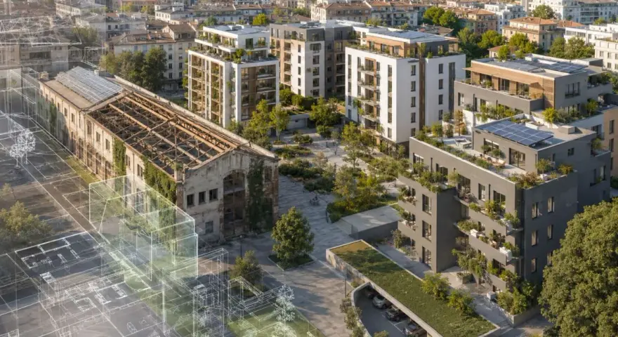 Un vecchio edificio industriale si trasforma in un nuovo piano casa con appartamenti moderni, giardini pensili e pannelli solari.
