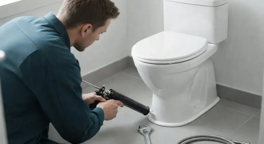 En rörmokare tätar runt en ny toalett med en fogpistol. Verktyg som en skiftnyckel och en slang ligger redo.