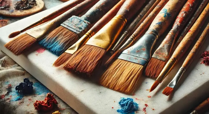 Ensemble de pinceaux à huile en bois, prêts pour le nettoyage. Des touches de couleur bleue et rouge subsistent sur les poils.