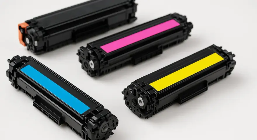Cztery kolorowe tonery do drukarki: czarny, cyjan, magenta i żółty. To właśnie toner co to jest, proszek do druku.