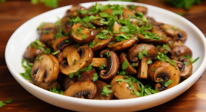 Champignons de Paris sautés, parfaits pour une recette facile et savoureuse. Garnis de persil frais.