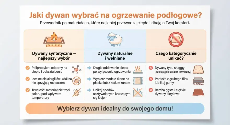 Wykładzina na ogrzewanie podłogowe: syntetyczne są najlepszym wyborem, naturalne i wełniane oddają ciepło, unikaj shaggy i grubych filców.