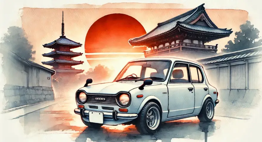 Urocze, białe auto z Japonii na tle zachodzącego słońca i tradycyjnych pagód.