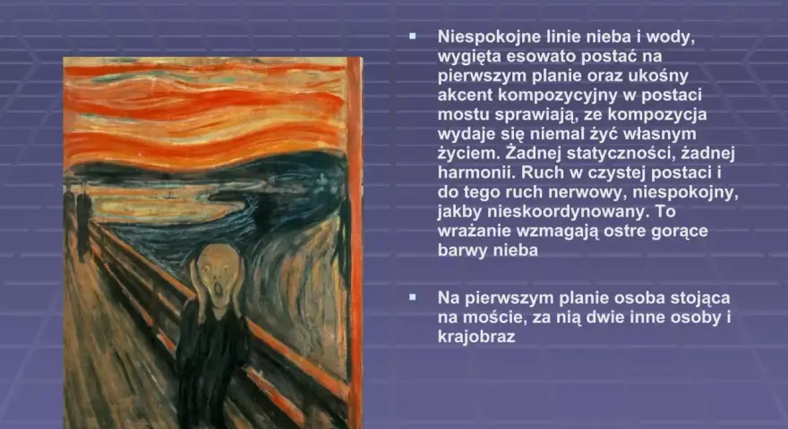 Obraz "Krzyk" Muncha. Niespokojna kompozycja z wygiętą postacią na pierwszym planie, ukośnym mostem i burzliwym niebem.