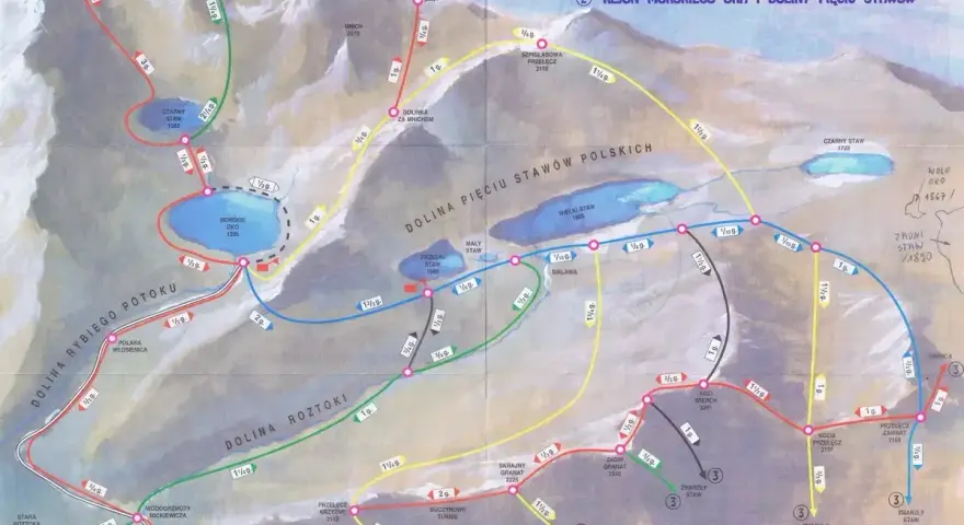 Mapa szlaków Tatr: Morskie Oko i Dolina Pięciu Stawów w jeden dzień. Trasy, czasy przejścia i wysokości.