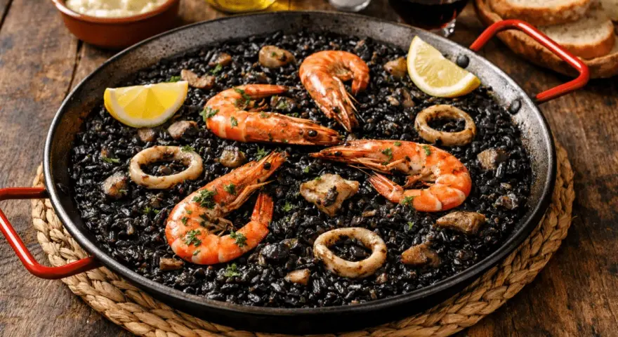 Paella de arroz negro con gambas, calamares y limón en una sartén.