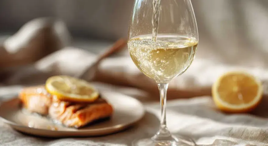 Ett glas vitt vin hälls upp, perfekt vin till lax. En citronskiva vilar på den saftiga fisken.