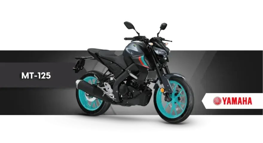 Szary motocykl Yamaha MT-125 z turkusowymi felgami, idealny do kategorii A1.