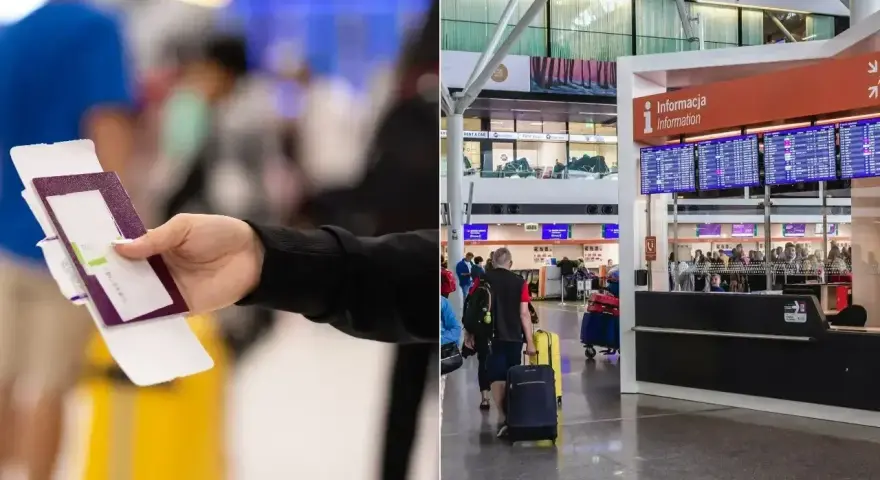 Ręka trzyma paszport i kartę pokładową. W tle tablica odlotów i ludzie z bagażami. Zastanawiasz się, ile wczesniej być na lotnisku?