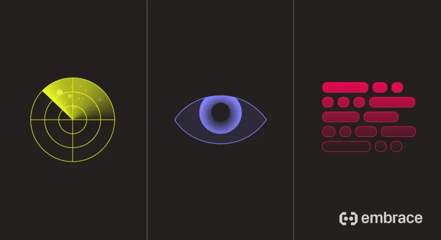 A radar, an eye, and abstract shapes represent telemetry vs monitoring.