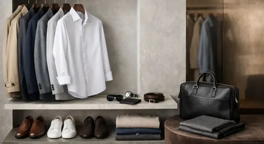 Armadio maschile con abiti eleganti, scarpe e accessori. Un guardaroba curato per trovare il proprio stile uomo.