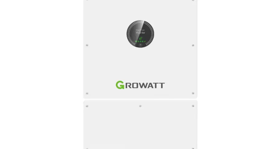 Falownik Growatt 4kW, białe urządzenie z zielonym logo Growatt i wyświetlaczem pokazującym moc 15.0 kW.