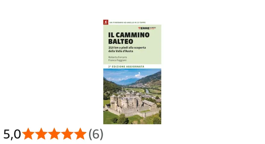 Copertina del libro "Il cammino balteo", con un castello e montagne. Un invito a scoprire la Valle d'Aosta a piedi.