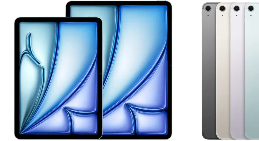 Zwei iPads in verschiedenen Größen mit blau-violettem Hintergrund und vier iPads in verschiedenen Farben nebeneinander.