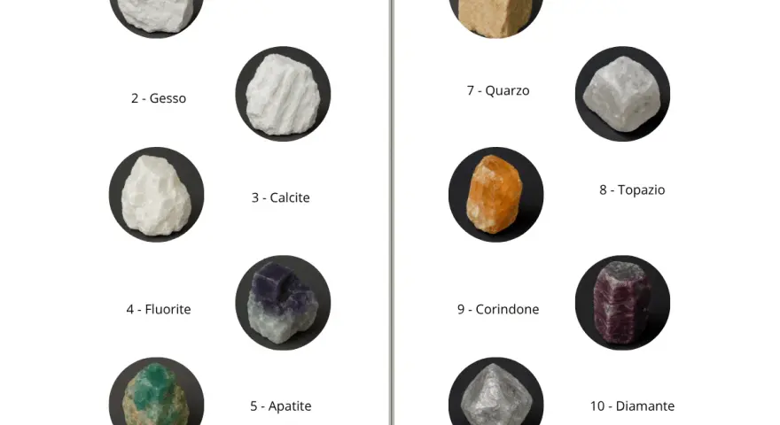 La scala di Mohs illustra la durezza dei minerali: dal talco (1) al diamante (10), con esempi visivi di ciascuno.