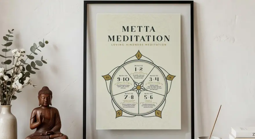 Gerahmter Text mit "Metta Meditation" und Anleitungen. Daneben eine Buddha-Statue und Blumen.