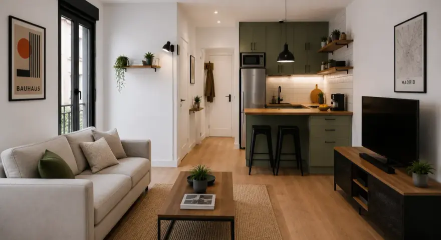 Un loft pequeño moderno con sofá beige, mesa de centro de madera, cocina verde y TV.