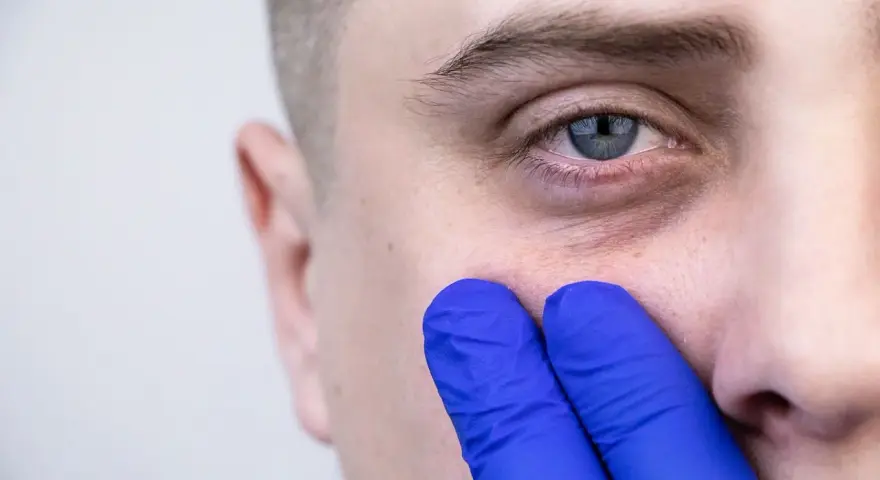Dłoń w niebieskiej rękawiczce dotyka skóry pod okiem, sugerując poszukiwanie sposobu, jak pozbyć się cieni pod oczami na zawsze.
