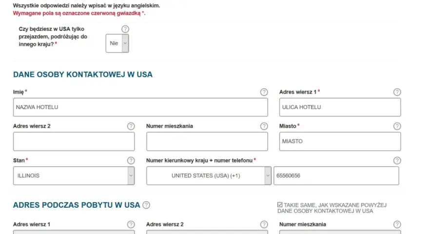 Formularz do wpisania danych podróży i kontaktu w USA, niezbędny do uzyskania wizy do USA.