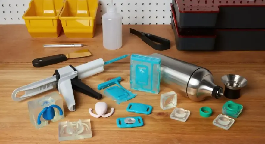 Tools for using resin in silicone molds are laid out, including a caulking gun, various silicone molds, and mixing containers.