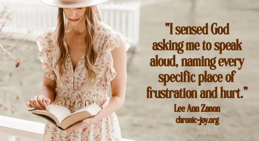 A woman in a floral dress and hat reads a book, her expression thoughtful. The image evokes the feeling of **psalms of lament**, as she seems to be processing difficult emotions.