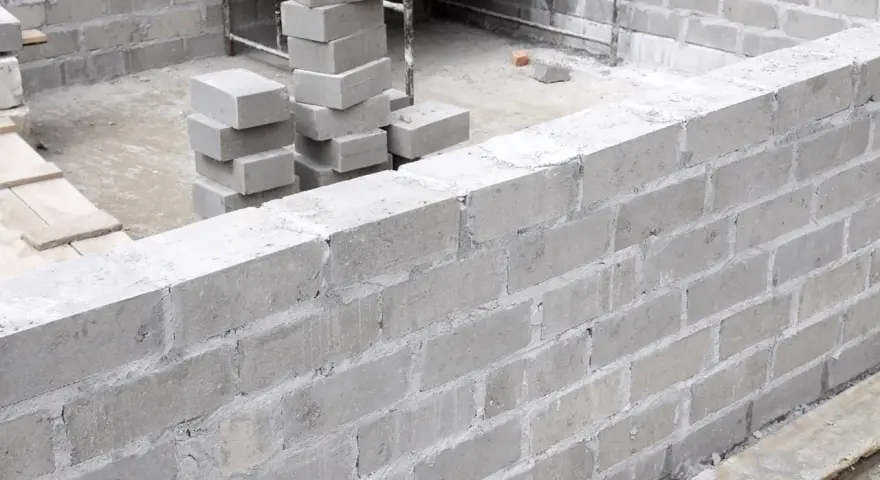 Budowa fundamentów z bloczków betonowych, stosy bloczków na placu budowy.