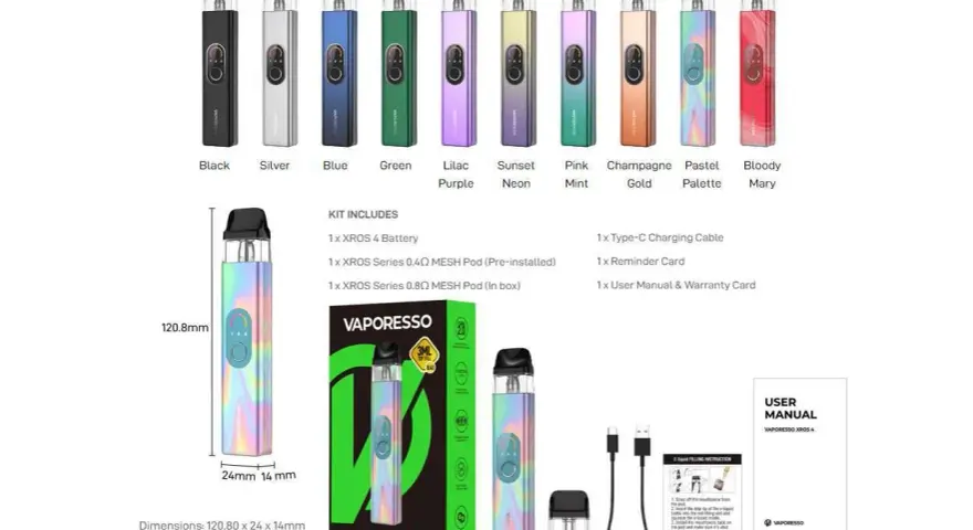 Vaporesso Xros 4 en varios colores: negro, plateado, azul, verde, lila, neón, rosa, dorado, pastel y rojo. Incluye batería, pods, cable y manual.