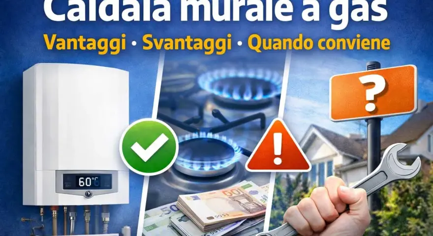 Caldaie di nuova generazione: vantaggi, svantaggi e quando conviene. Immagine con caldaia, fornelli a gas, soldi, chiave inglese e segnali di attenzione.