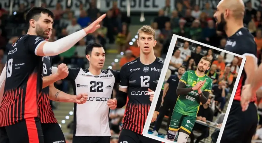 Siatkarze Asseco Resovii w Lidze Mistrzów. W kadrze meczowej widoczni zawodnicy w czarnych strojach, a w ramce gracz w zielonej koszulce.