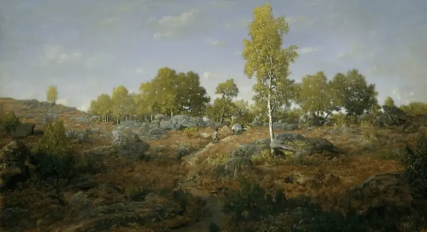 Paysage rocheux et boisé, typique de l'école de Barbizon, avec un chemin sinueux et deux personnages.
