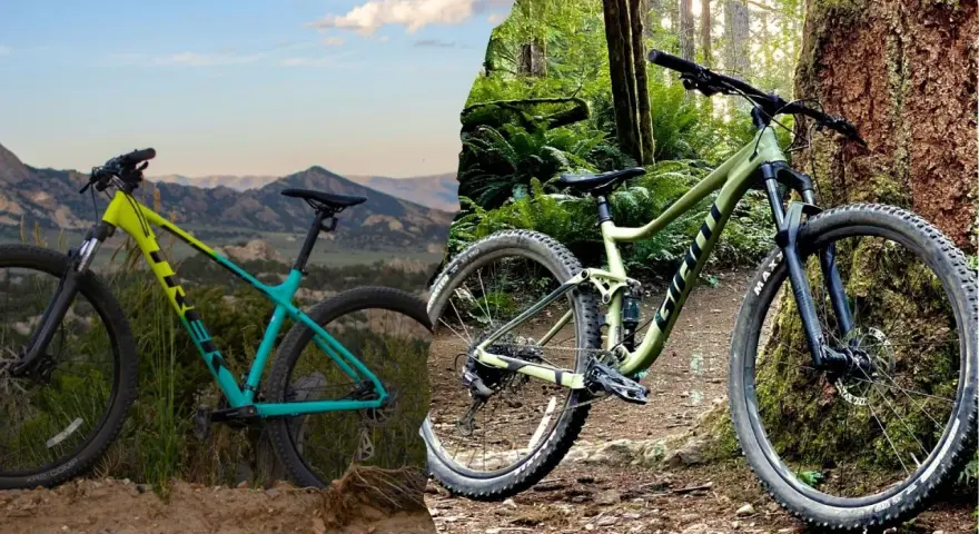 A yellow and teal hardtail bike stands against a mountain backdrop, contrasted with a green full suspension bike in a lush forest.